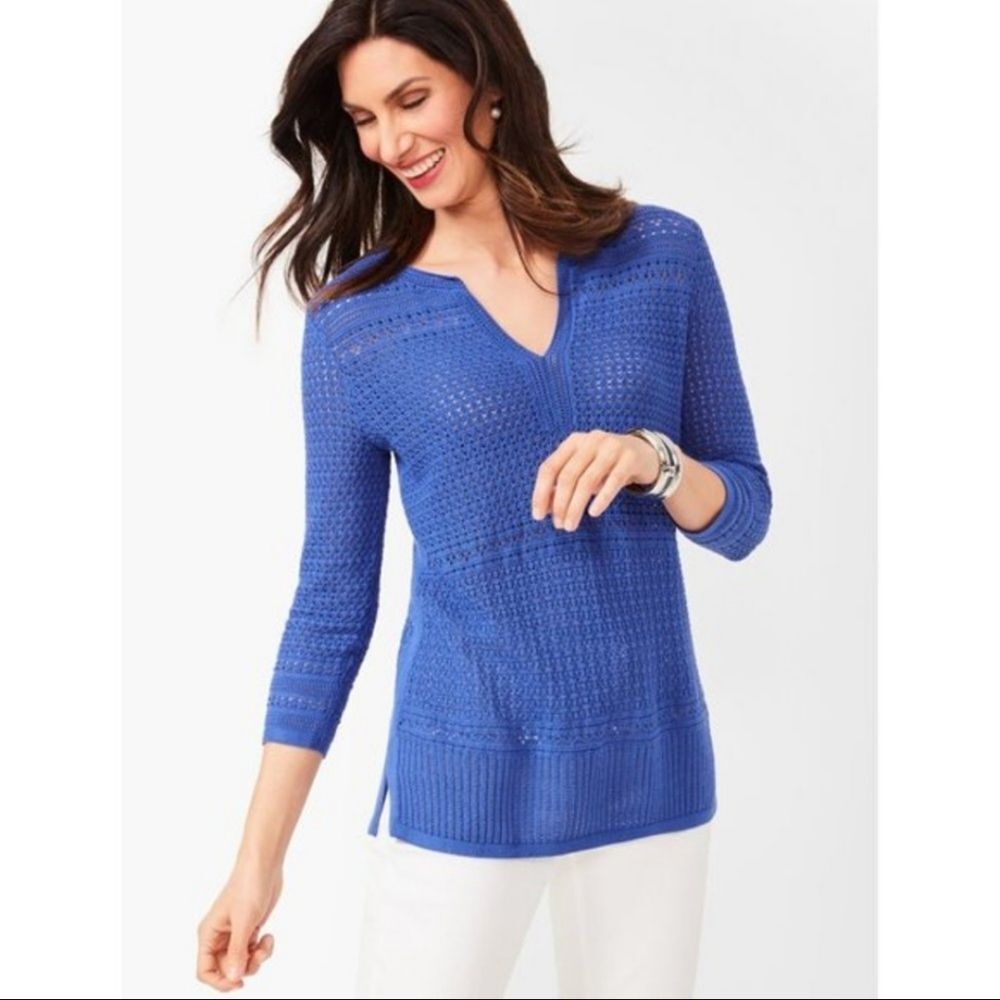 Talbots Blue Split Neck Knit Open Stitch Sweater Women's size L